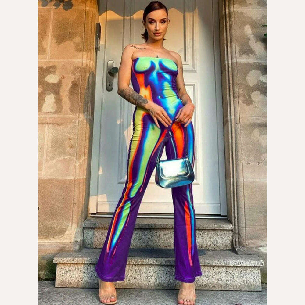 KIMLUD, WeiYao Thermal Imaging 3D Printed Fashion Jumpsuit Women Sleeveless Strapless Multi-color Slim Fit Jumpsuit Cusual Streetwear, KIMLUD Womens Clothes