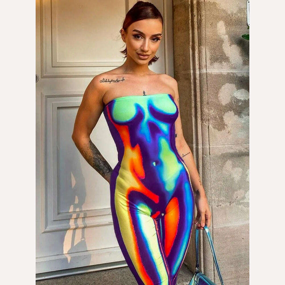 KIMLUD, WeiYao Thermal Imaging 3D Printed Fashion Jumpsuit Women Sleeveless Strapless Multi-color Slim Fit Jumpsuit Cusual Streetwear, KIMLUD Womens Clothes
