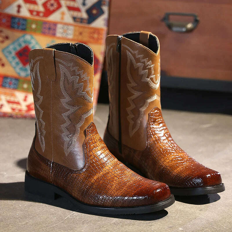 Western Cowboy Men's Boots Brown Black Mid-Calf Embroidery Square Toe Side Zipper Men Boots Size 38-48 - KIMLUD