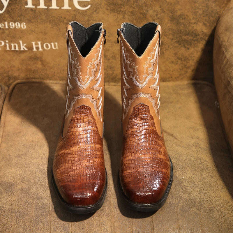 Western Cowboy Men's Boots Brown Black Mid-Calf Embroidery Square Toe Side Zipper Men Boots Size 38-48 - KIMLUD