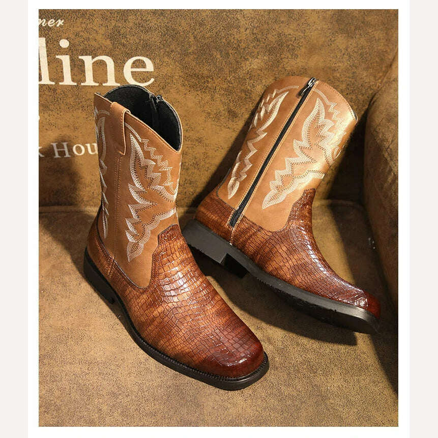 Western Cowboy Men's Boots Brown Black Mid-Calf Embroidery Square Toe Side Zipper Men Boots Size 38-48 - KIMLUD