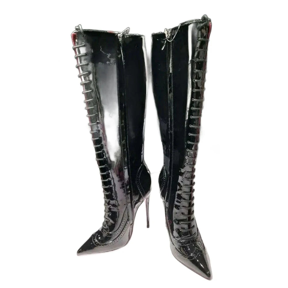 KIMLUD, White Lace up Patent Leathe Knee High Boots Women Black Pointed Toe Stiletto Pink Sole Heels Boot Big Size Designer Shoes, KIMLUD Womens ClothesKIMLUD, White Lace up Patent Leathe Knee High Boots Women Black Pointed Toe Stiletto Pink Sole Heels Boot Big Size Designer Shoes, as photo / 35, KIMLUD APPAREL - Womens Clothes