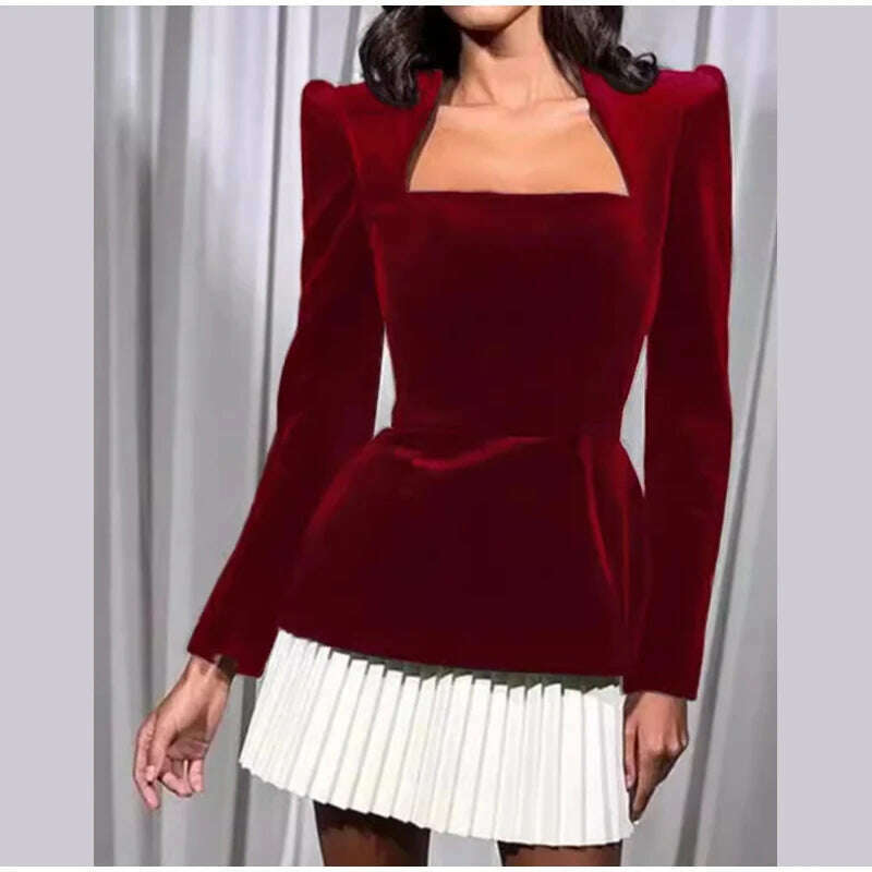 KIMLUD, White Pleated Hem Spliced Mini Dress Elegant Square Neck Long Sleeve High Waist Dresses 2024 Autumn women Chic Party Streetwear, KIMLUD Womens Clothes