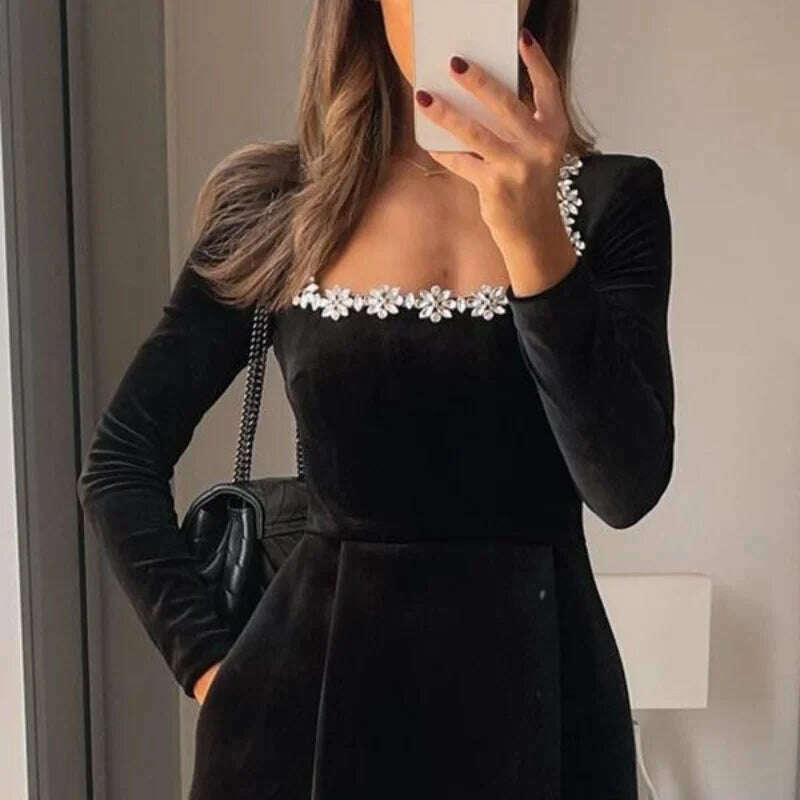 KIMLUD, White Pleated Hem Spliced Mini Dress Elegant Square Neck Long Sleeve High Waist Dresses 2024 Autumn women Chic Party Streetwear, KIMLUD Womens Clothes