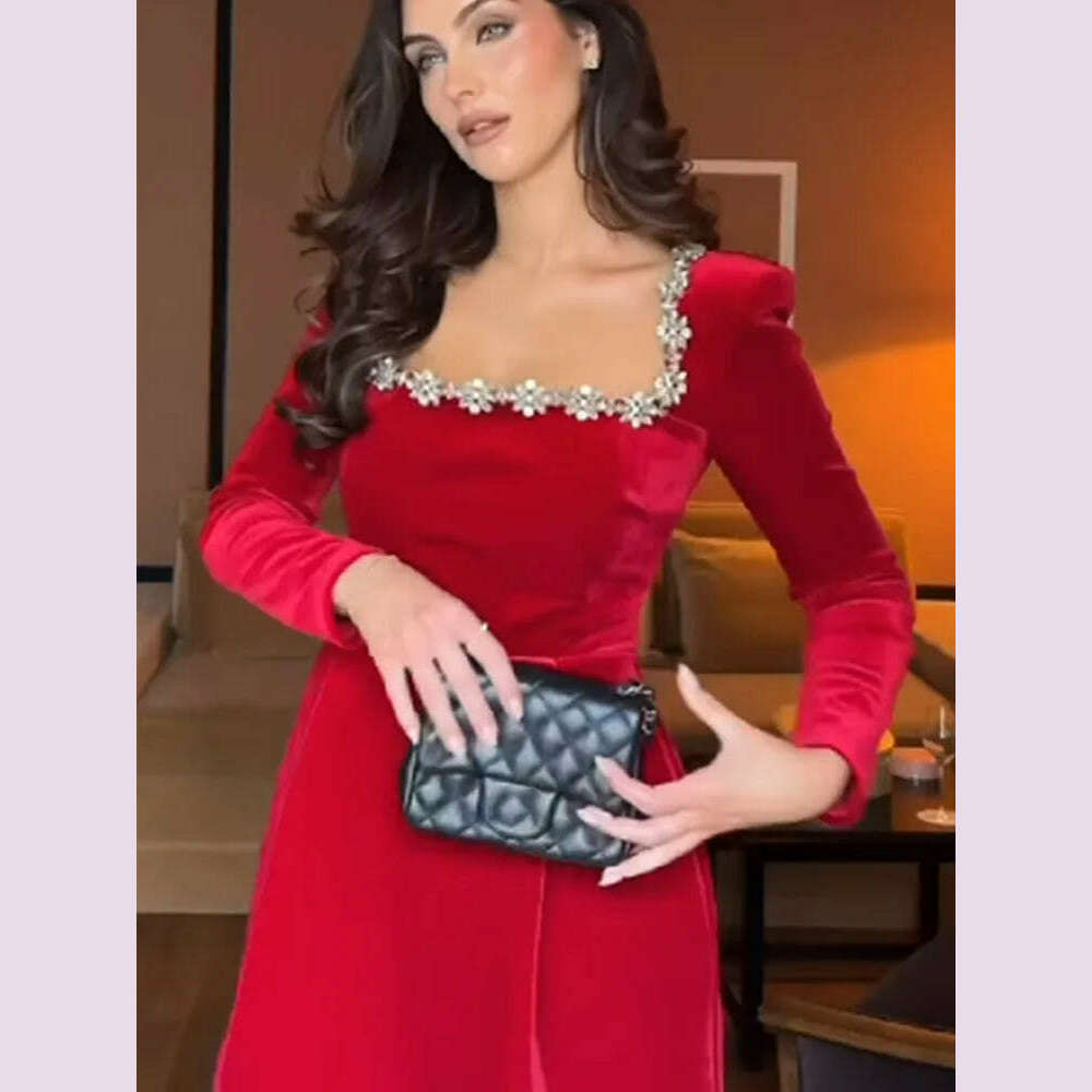 KIMLUD, White Pleated Hem Spliced Mini Dress Elegant Square Neck Long Sleeve High Waist Dresses 2024 Autumn women Chic Party Streetwear, red / L, KIMLUD APPAREL - Womens Clothes