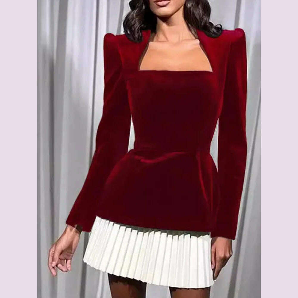 KIMLUD, White Pleated Hem Spliced Mini Dress Elegant Square Neck Long Sleeve High Waist Dresses 2024 Autumn women Chic Party Streetwear, Wine red / S, KIMLUD APPAREL - Womens Clothes