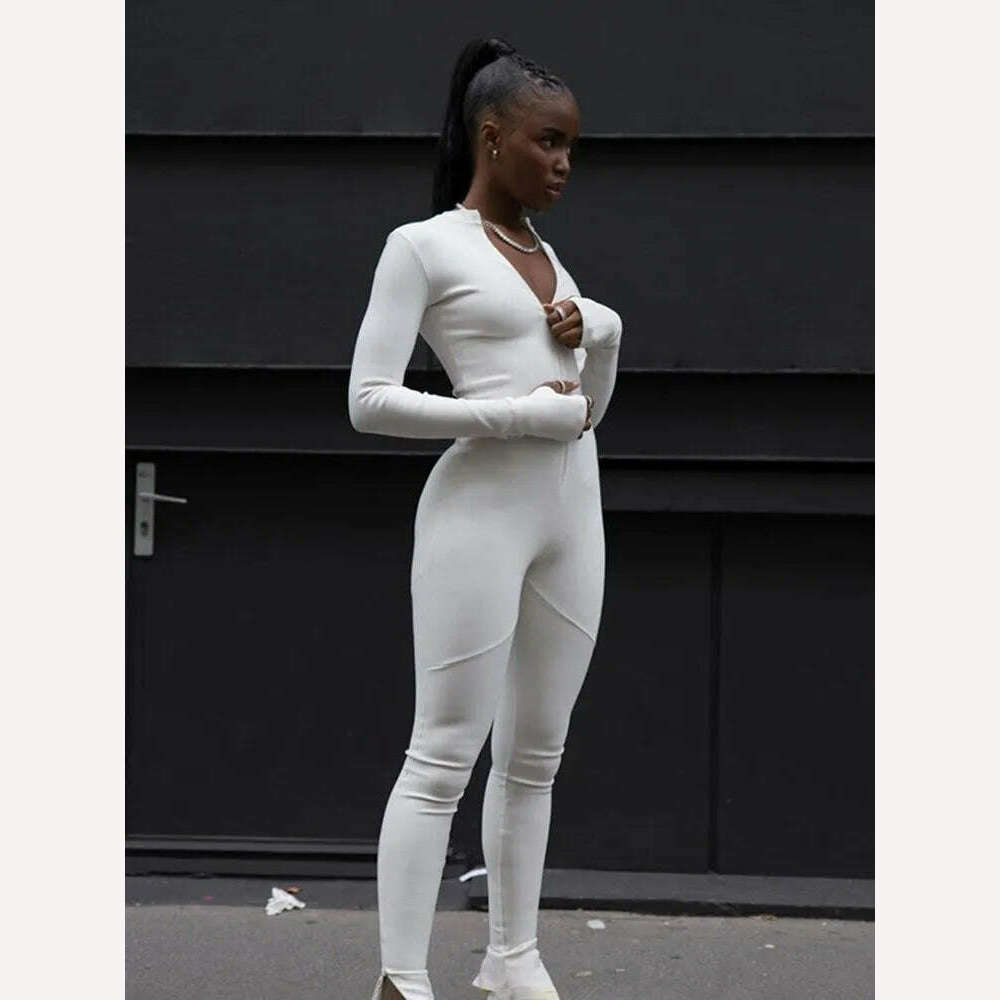 KIMLUD, White Rompers Jumpsuits Women Elegant Long Sleeve Overalls Zipper Playsuits Slim Outifts Bodysuit Causal Black Combinaison Femme, KIMLUD Womens Clothes