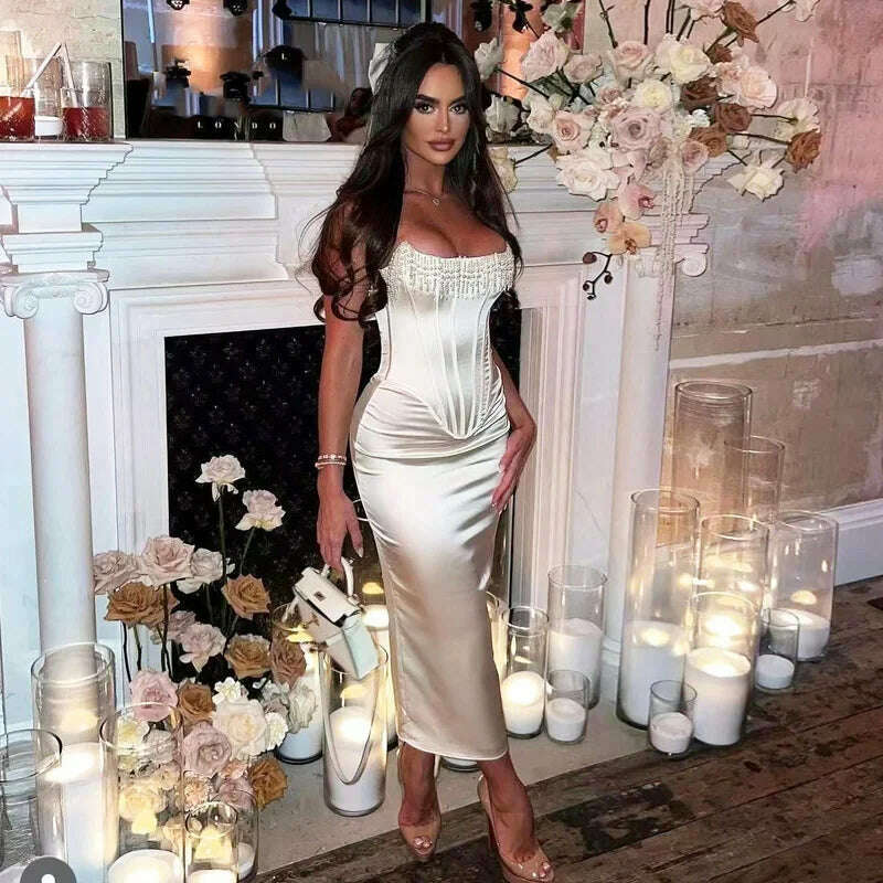 KIMLUD, White Satin Strapless Midi Dress With Tassels Criss Cross Bandage Backless Bodycon Dress Luxury Evening Dresses 2024, KIMLUD Womens Clothes