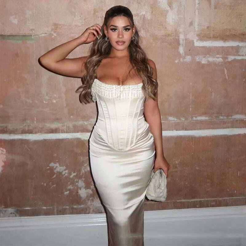 KIMLUD, White Satin Strapless Midi Dress With Tassels Criss Cross Bandage Backless Bodycon Dress Luxury Evening Dresses 2024, KIMLUD Womens Clothes