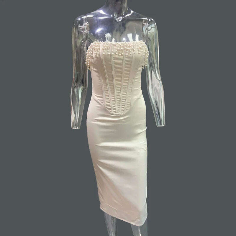 KIMLUD, White Satin Strapless Midi Dress With Tassels Criss Cross Bandage Backless Bodycon Dress Luxury Evening Dresses 2024, Beige / XS, KIMLUD APPAREL - Womens Clothes