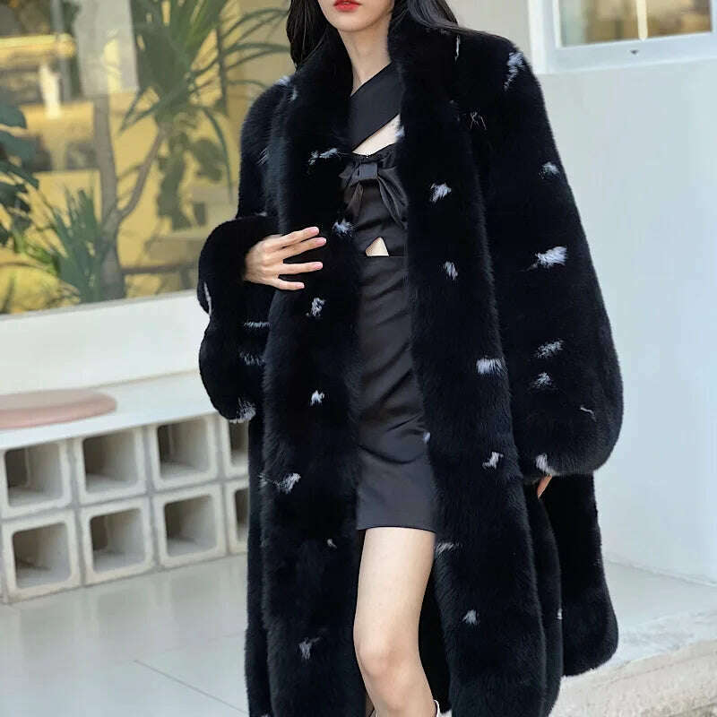 KIMLUD, White Spotted Fox Fur Flare sleeve Coats Women Winter Warm Outerwear High Quality Genuine Fox Fur Thick Fur Coat 2022 New, KIMLUD Womens Clothes