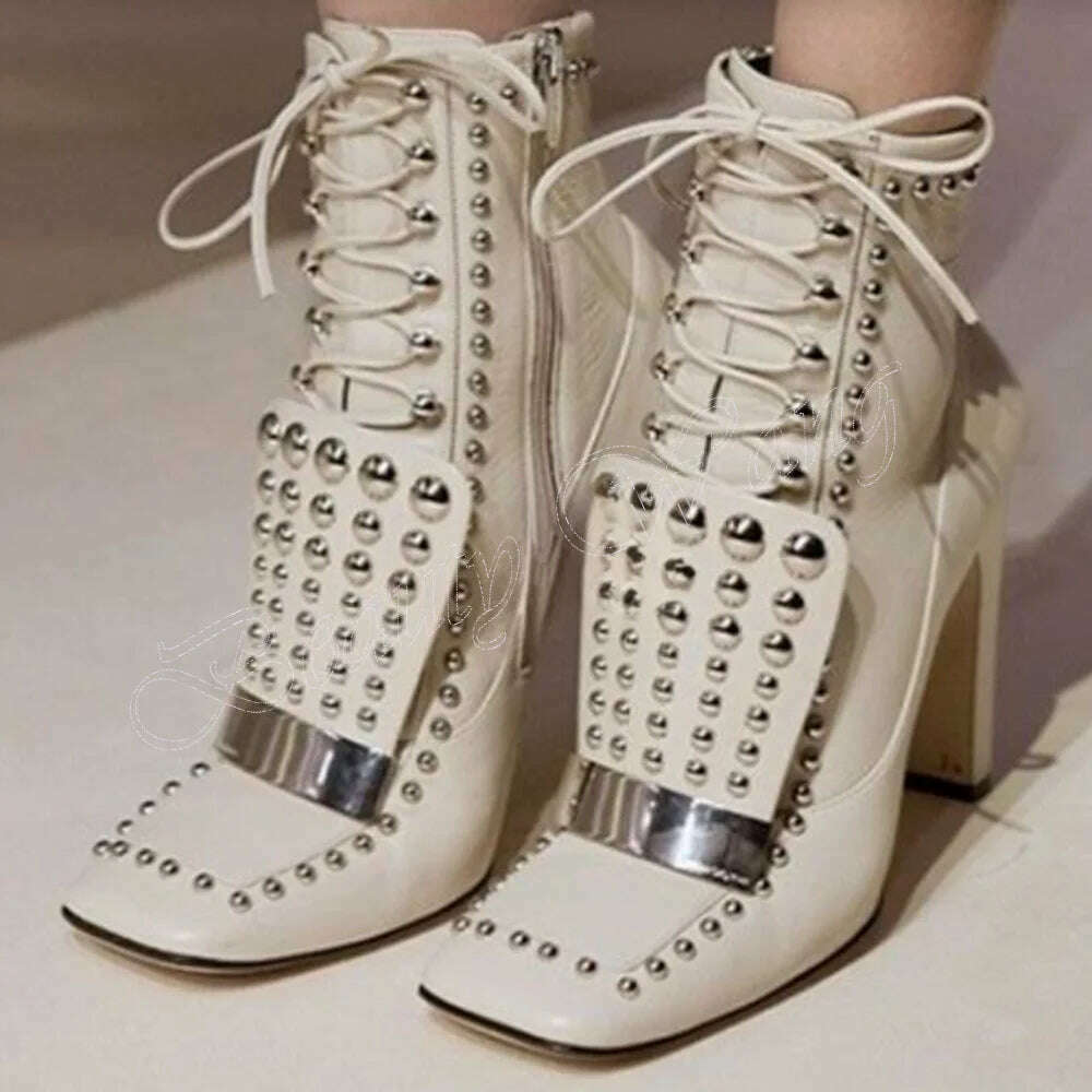 KIMLUD, White Square Toe Boots Rivet Decor Side Zipper Thick High Heel Shoes for Women High Heels Fashion 2023 New Zapatos Para Mujere, KIMLUD Womens ClothesKIMLUD, White Square Toe Boots Rivet Decor Side Zipper Thick High Heel Shoes for Women High Heels Fashion 2023 New Zapatos Para Mujere, white / 44, KIMLUD APPAREL - Womens Clothes