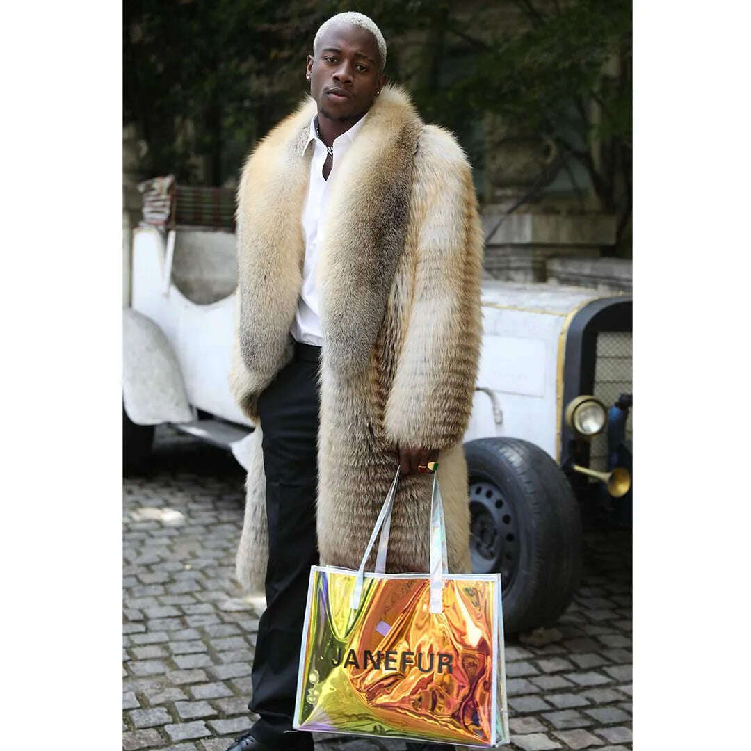 KIMLUD, Wholeskin Men Golden Fox Fur Long Coats Shawl Collar Winter Overcoats Genuine Natural Fox Furs Jacket, KIMLUD Womens Clothes