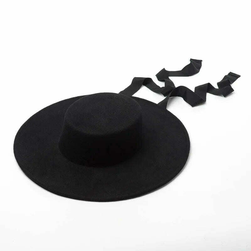 Wide Brim Felt Hat Flat Top Winter Boater Hats for Women Men Ribbon Lace Up Hat Chin Strap Fashion Wool Hat Ladies Ourdoor Hat - KIMLUD