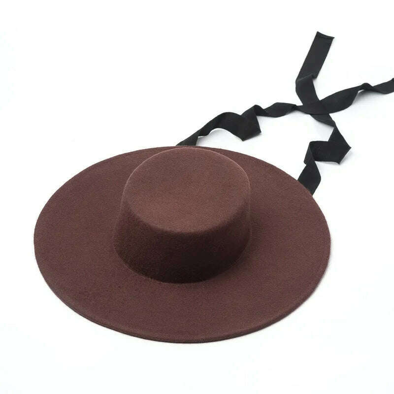 Wide Brim Felt Hat Flat Top Winter Boater Hats for Women Men Ribbon Lace Up Hat Chin Strap Fashion Wool Hat Ladies Ourdoor Hat - KIMLUD