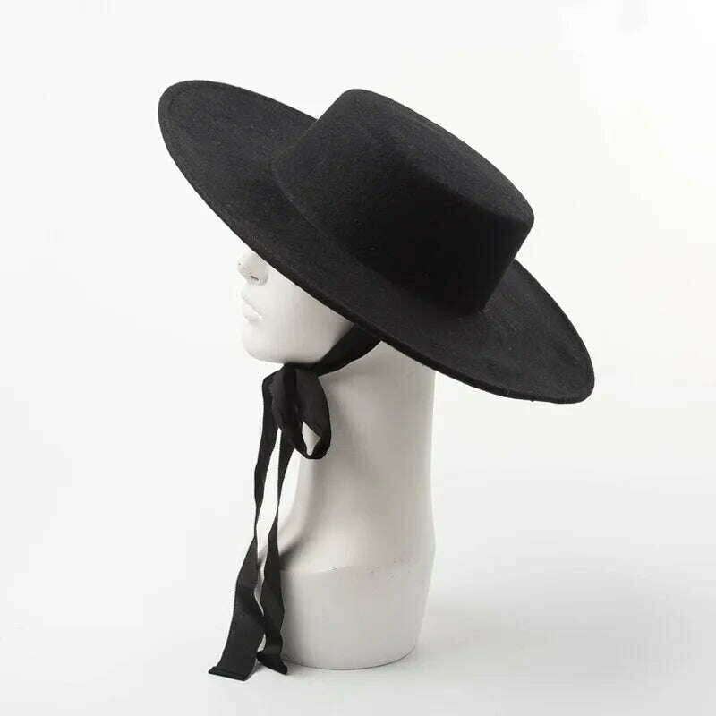 Wide Brim Felt Hat Flat Top Winter Boater Hats for Women Men Ribbon Lace Up Hat Chin Strap Fashion Wool Hat Ladies Ourdoor Hat - KIMLUD