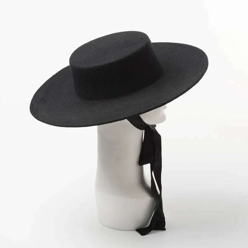 Wide Brim Felt Hat Flat Top Winter Boater Hats for Women Men Ribbon Lace Up Hat Chin Strap Fashion Wool Hat Ladies Ourdoor Hat - KIMLUD