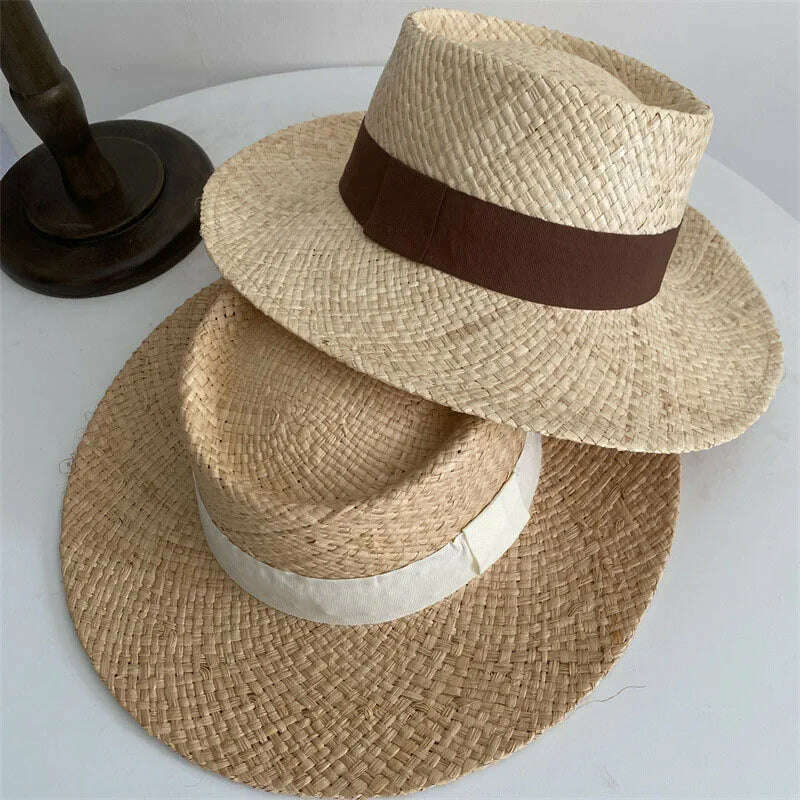KIMLUD, Wide Brim Straw Fedora Hat Ribbon Band Beach Hats Women Straw Woven Sun Hats Summer Holidaty Panama Hat, KIMLUD Womens Clothes