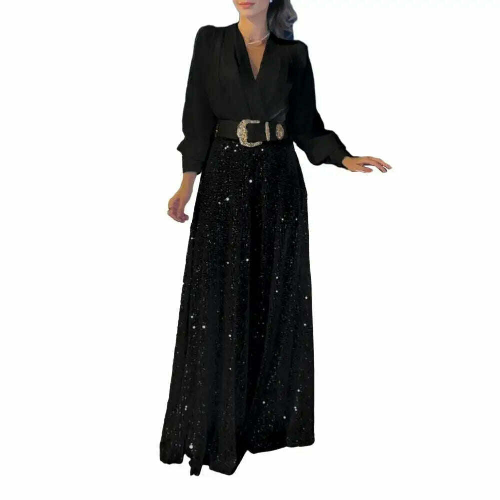 KIMLUD, Wide Leg Pants Rompers Female Elegant Temperament Evening Jumpsuits Sequin Fashion Shirt Jumpsuit Women Party V-Neck Long Sleeve, black / S, KIMLUD APPAREL - Womens Clothes