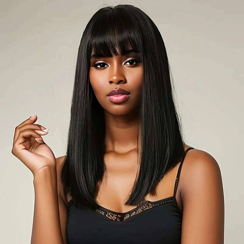 KIMLUD, Wig female comic strip hair bangs medium long hair black chemical fiber high temperature silk mechanism head cover, KIMLUD Womens Clothes