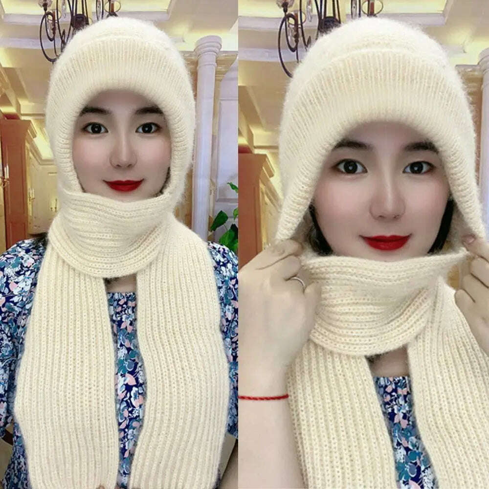 KIMLUD, Windproof Integrated Cap Scarf Winter Thickening Knitted Ear Protection Cap Soft Casual Neck Warmer Women, KIMLUD Womens Clothes