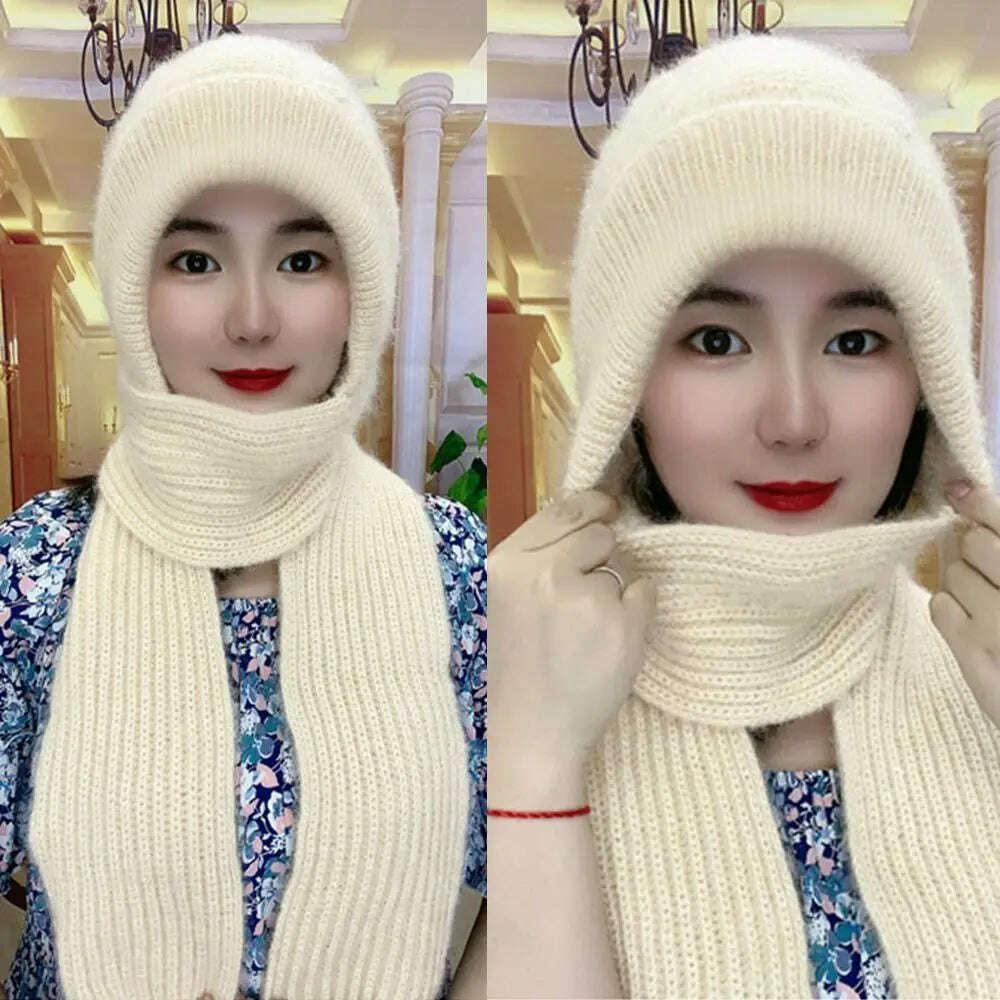 KIMLUD, Windproof Integrated Cap Scarf Winter Thickening Knitted Ear Protection Cap Soft Casual Neck Warmer Women, KIMLUD Womens Clothes