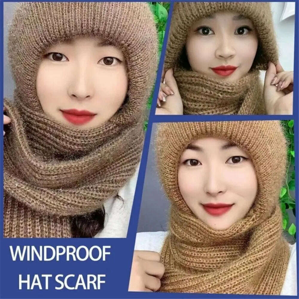 KIMLUD, Windproof Integrated Cap Scarf Winter Thickening Knitted Ear Protection Cap Soft Casual Neck Warmer Women, KIMLUD Womens Clothes