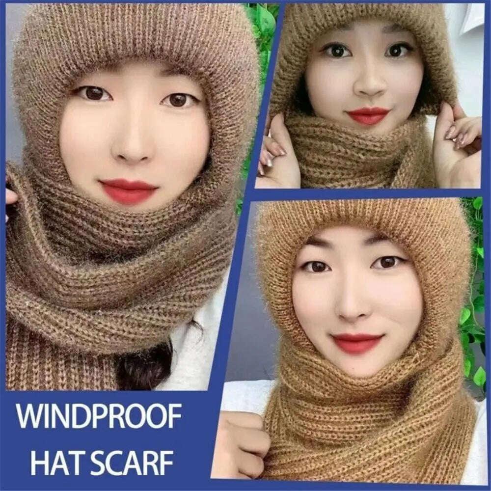 KIMLUD, Windproof Integrated Cap Scarf Winter Thickening Knitted Ear Protection Cap Soft Casual Neck Warmer Women, KIMLUD Womens Clothes