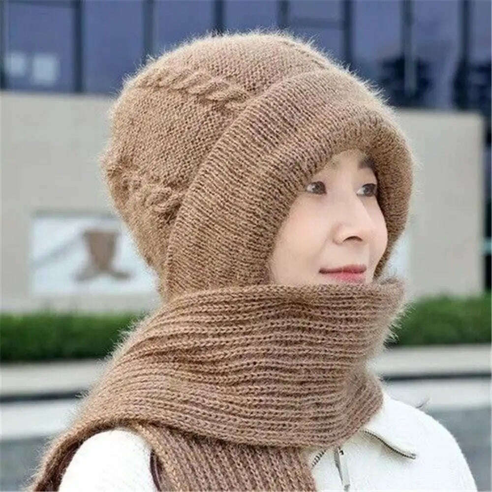 KIMLUD, Windproof Integrated Cap Scarf Winter Thickening Knitted Ear Protection Cap Soft Casual Neck Warmer Women, KIMLUD Womens Clothes