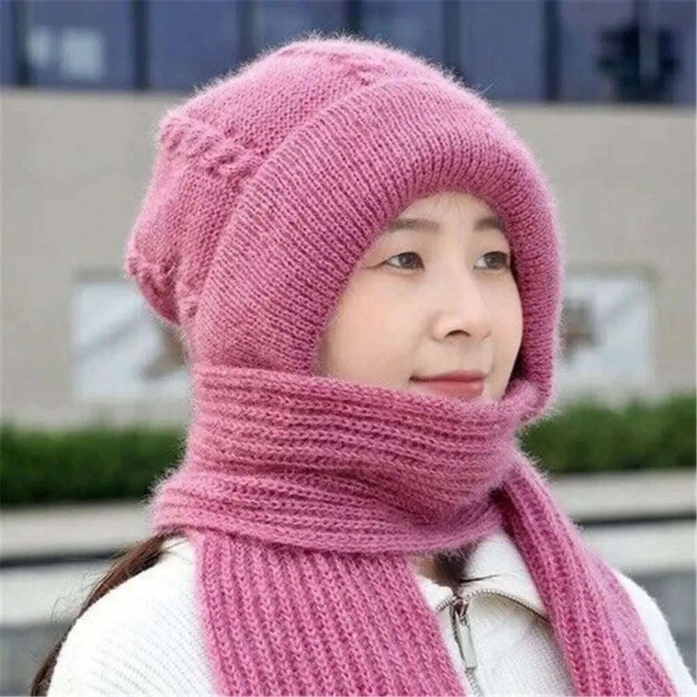KIMLUD, Windproof Integrated Cap Scarf Winter Thickening Knitted Ear Protection Cap Soft Casual Neck Warmer Women, KIMLUD Womens Clothes