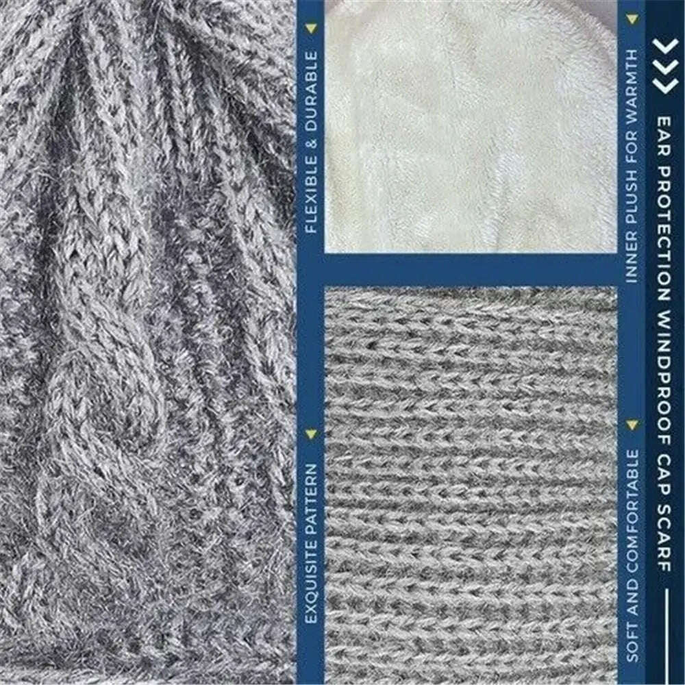 KIMLUD, Windproof Integrated Cap Scarf Winter Thickening Knitted Ear Protection Cap Soft Casual Neck Warmer Women, KIMLUD Womens Clothes