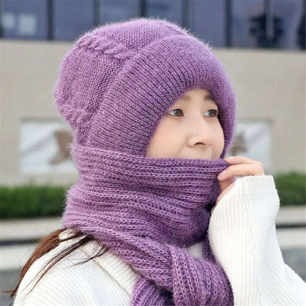 KIMLUD, Windproof Integrated Cap Scarf Winter Thickening Knitted Ear Protection Cap Soft Casual Neck Warmer Women, KIMLUD Womens Clothes