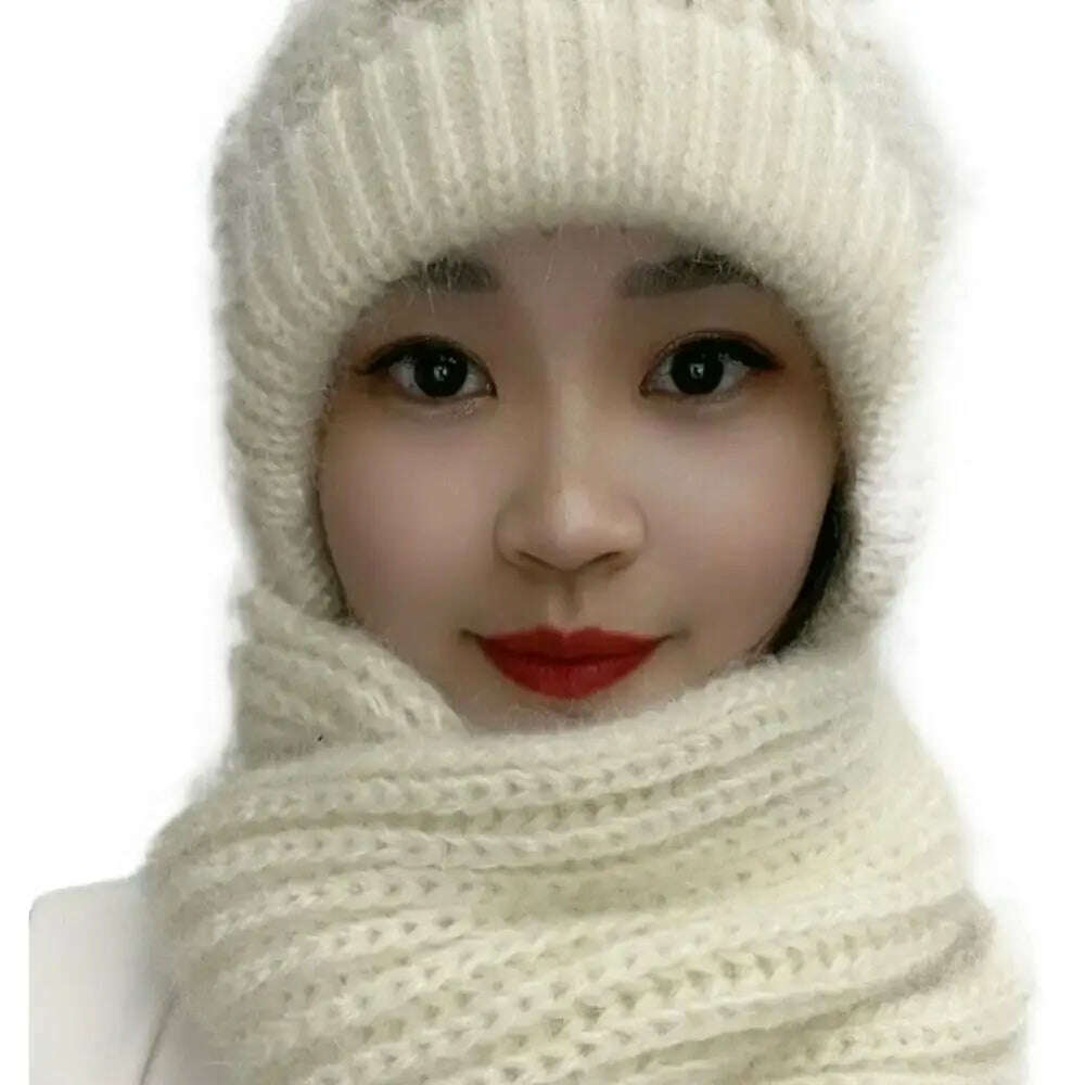 KIMLUD, Windproof Integrated Cap Scarf Winter Thickening Knitted Ear Protection Cap Soft Casual Neck Warmer Women, Beige, KIMLUD APPAREL - Womens Clothes
