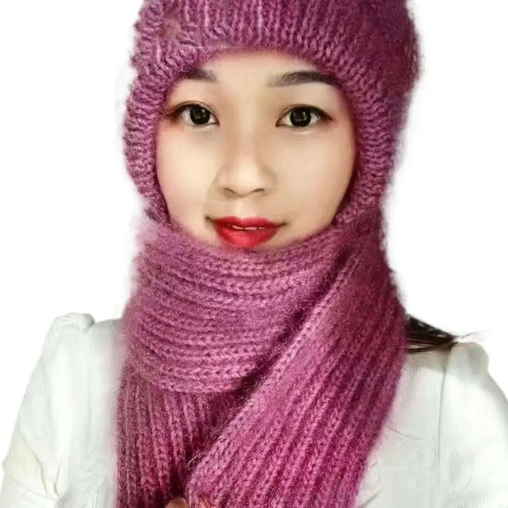 KIMLUD, Windproof Integrated Cap Scarf Winter Thickening Knitted Ear Protection Cap Soft Casual Neck Warmer Women, Pink, KIMLUD APPAREL - Womens Clothes