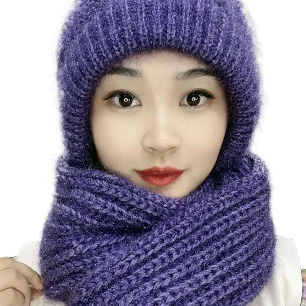 KIMLUD, Windproof Integrated Cap Scarf Winter Thickening Knitted Ear Protection Cap Soft Casual Neck Warmer Women, Purple, KIMLUD APPAREL - Womens Clothes