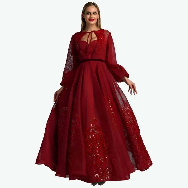 KIMLUD, Wine Red Long Sleeve Sexy Evening Dresses 2023 Handmade Flowers Sequined Tulle Long Evening Gowns Serene Hill BLA60810, KIMLUD Womens Clothes