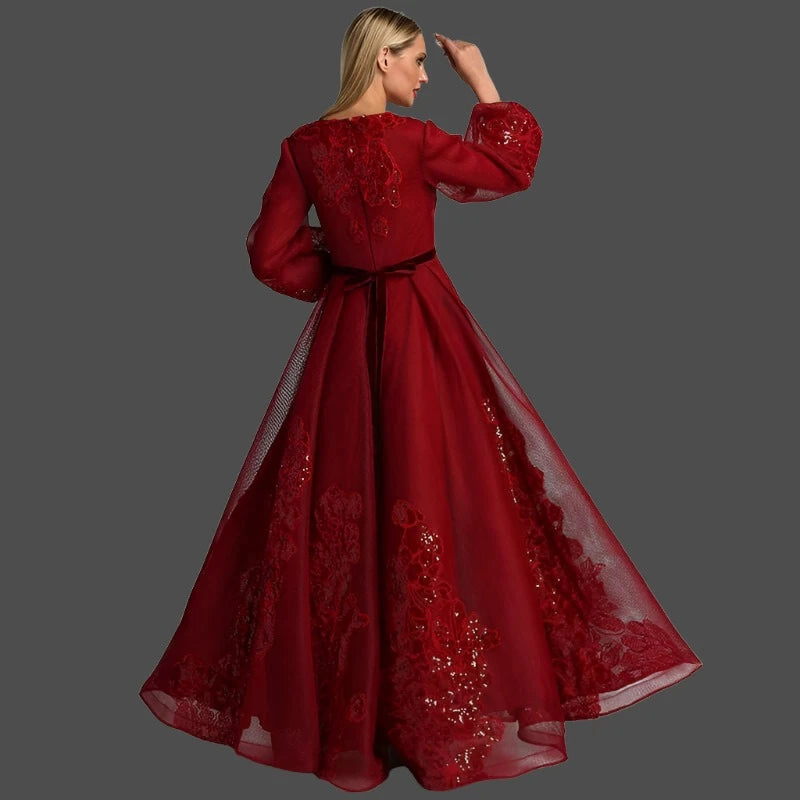 KIMLUD, Wine Red Long Sleeve Sexy Evening Dresses 2023 Handmade Flowers Sequined Tulle Long Evening Gowns Serene Hill BLA60810, KIMLUD Womens Clothes