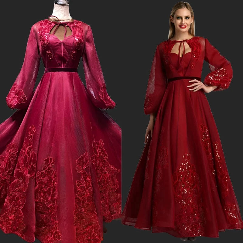 KIMLUD, Wine Red Long Sleeve Sexy Evening Dresses 2023 Handmade Flowers Sequined Tulle Long Evening Gowns Serene Hill BLA60810, KIMLUD Womens Clothes