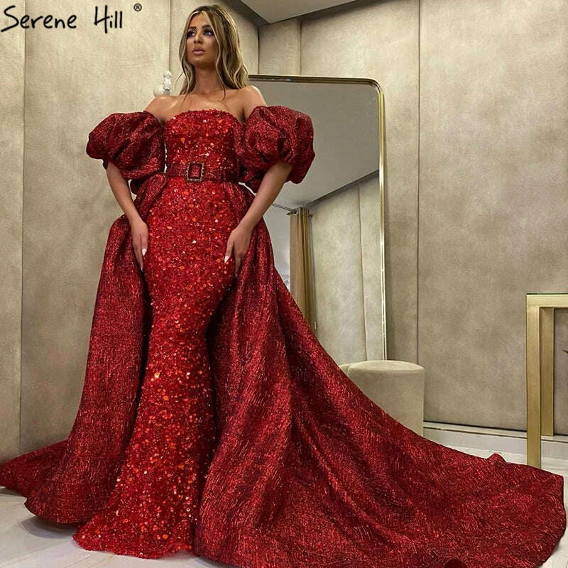 KIMLUD, Wine Red Off shoulder Mermaid Sparkly Sexy Evening Dresses 2023 Short Puff Sleeves Diamond Formal Dress Serene Hill BLA70630, KIMLUD Womens Clothes