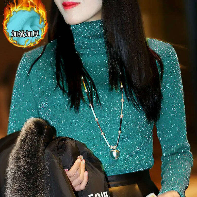 KIMLUD, Winter Autumn Thick Warm Women Elegant Lace Blouses Shirts Lady Casual Long Sleeve Turtleneck Collar Lace Blusas Tops DF2013, KIMLUD Womens ClothesKIMLUD, Winter Autumn Thick Warm Women Elegant Lace Blouses Shirts Lady Casual Long Sleeve Turtleneck Collar Lace Blusas Tops DF2013, green / L, KIMLUD APPAREL - Womens Clothes