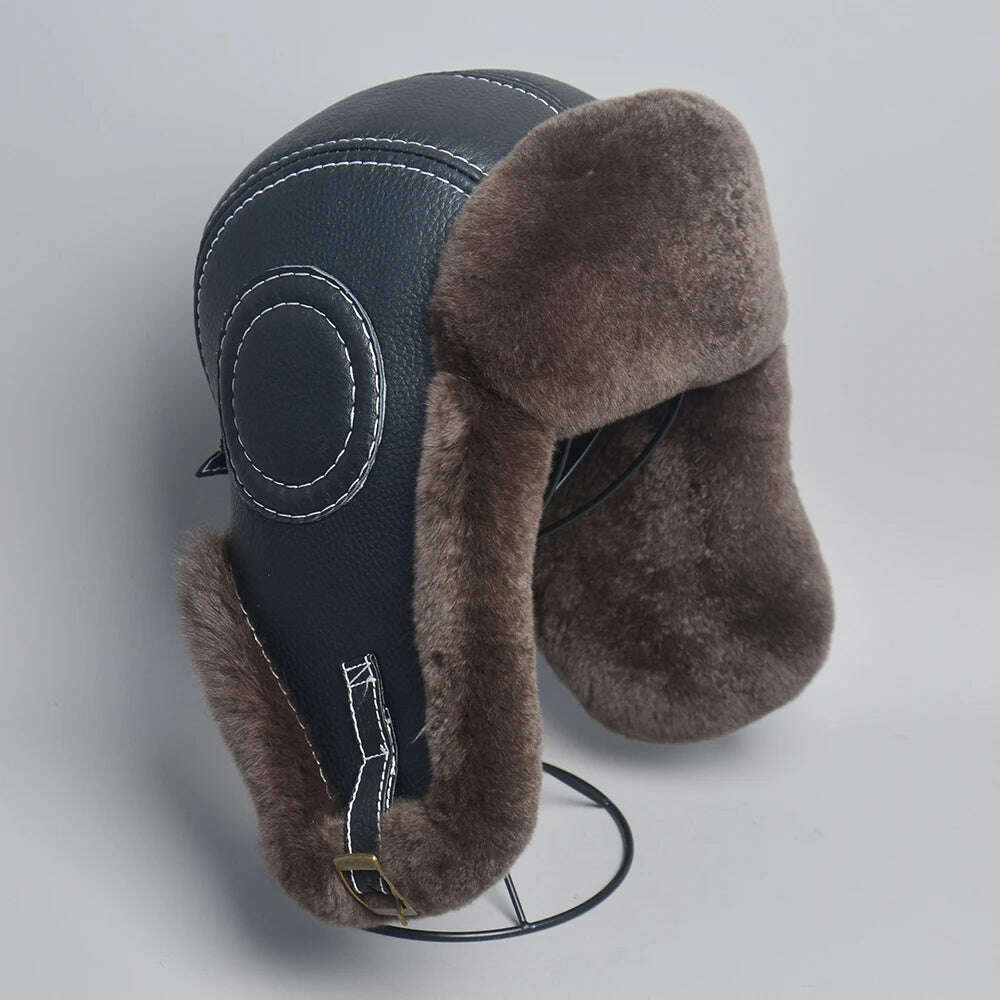 Winter Bomber Hats Rex Rabbit Fur Earflap Russian Ushanka Men Trapper Aviator Pilot Hat Real Leather Fur Snow Caps - KIMLUD
