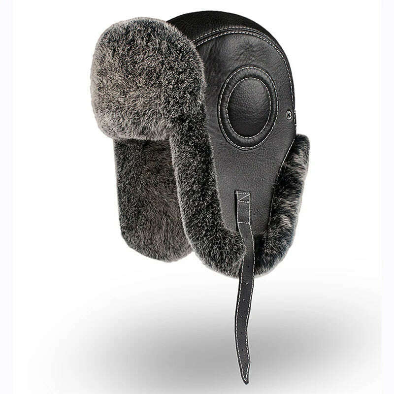 Winter Bomber Hats Rex Rabbit Fur Earflap Russian Ushanka Men Trapper Aviator Pilot Hat Real Leather Fur Snow Caps - KIMLUD