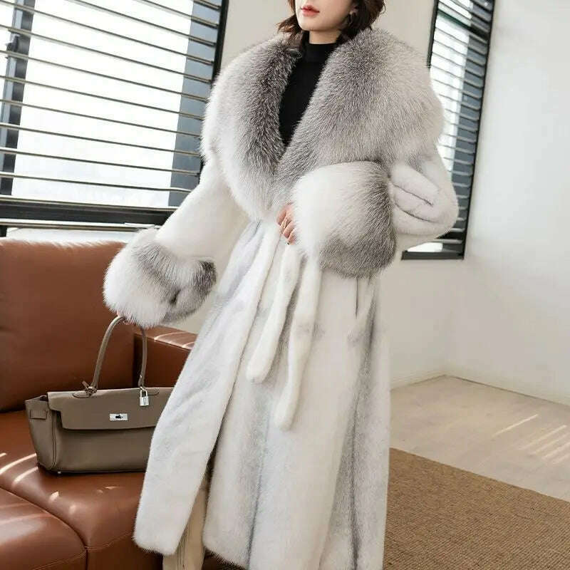 KIMLUD, Winter Coat with Fox Fur Mink Collar Coats Women New Faux Fur Coat Large Fur Collar White Black Long Coat, KIMLUD Womens Clothes