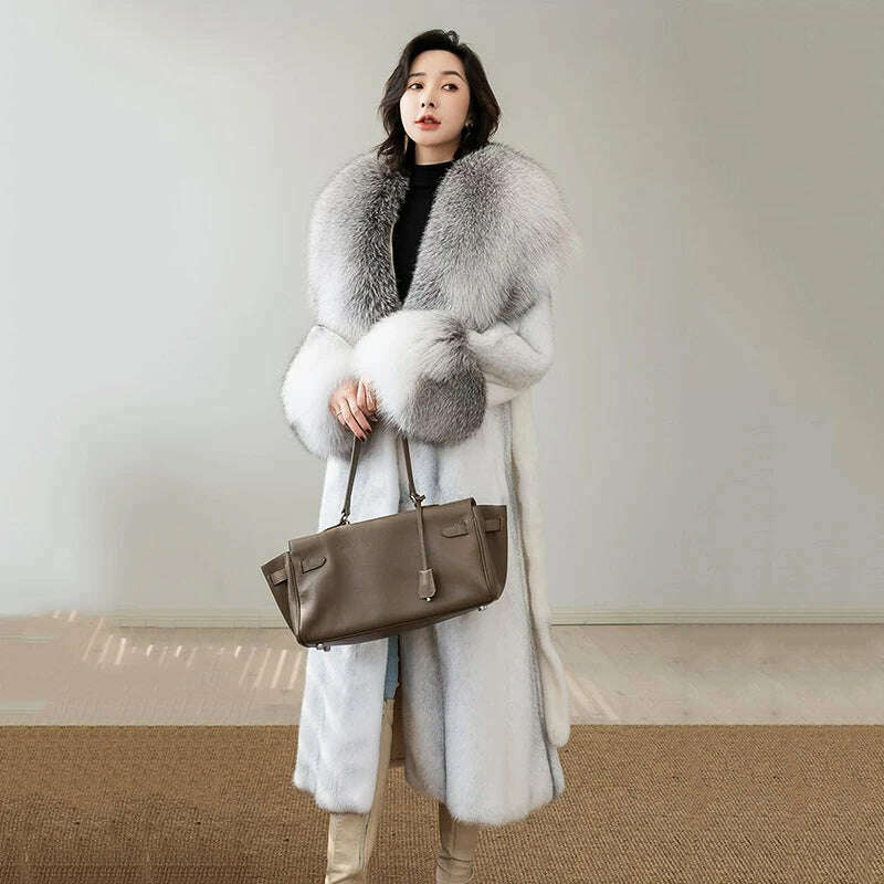 KIMLUD, Winter Coat with Fox Fur Mink Collar Coats Women New Faux Fur Coat Large Fur Collar White Black Long Coat, KIMLUD Womens Clothes