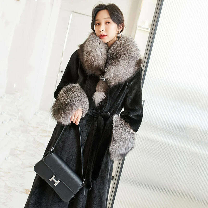KIMLUD, Winter Coat with Fox Fur Mink Collar Coats Women New Faux Fur Coat Large Fur Collar White Black Long Coat, KIMLUD Womens Clothes