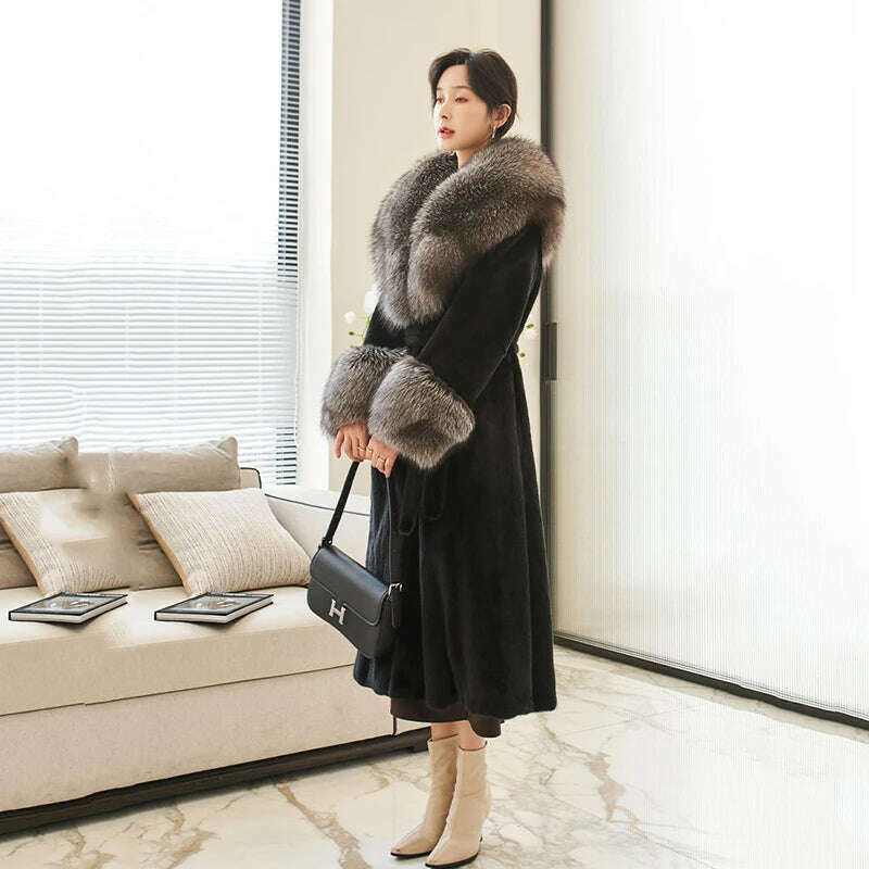 KIMLUD, Winter Coat with Fox Fur Mink Collar Coats Women New Faux Fur Coat Large Fur Collar White Black Long Coat, KIMLUD Womens Clothes
