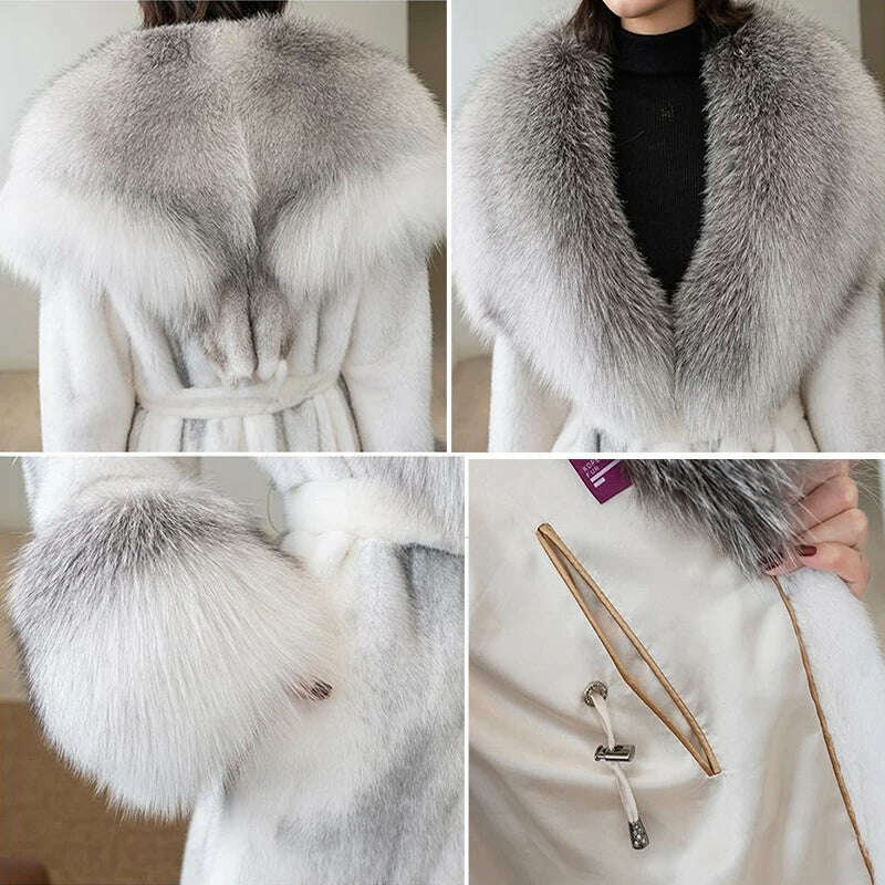 KIMLUD, Winter Coat with Fox Fur Mink Collar Coats Women New Faux Fur Coat Large Fur Collar White Black Long Coat, KIMLUD Womens Clothes