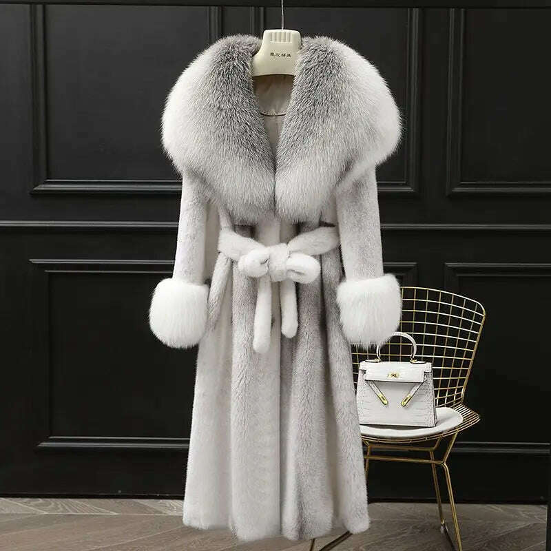 KIMLUD, Winter Coat with Fox Fur Mink Collar Coats Women New Faux Fur Coat Large Fur Collar White Black Long Coat, Silver coat / S fits for 40-52kg, KIMLUD APPAREL - Womens Clothes