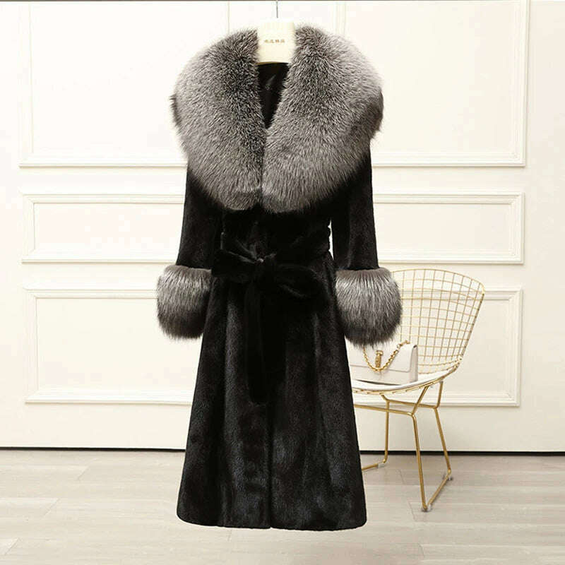 KIMLUD, Winter Coat with Fox Fur Mink Collar Coats Women New Faux Fur Coat Large Fur Collar White Black Long Coat, Black coat / S fits for 40-52kg, KIMLUD APPAREL - Womens Clothes