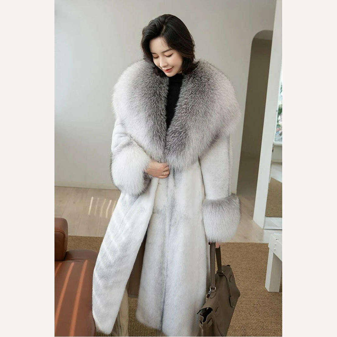 KIMLUD, Winter Coat with Fox Fur Mink Collar Coats Women New Faux Fur Coat Large Fur Collar White Black Long Coat, KIMLUD Womens Clothes